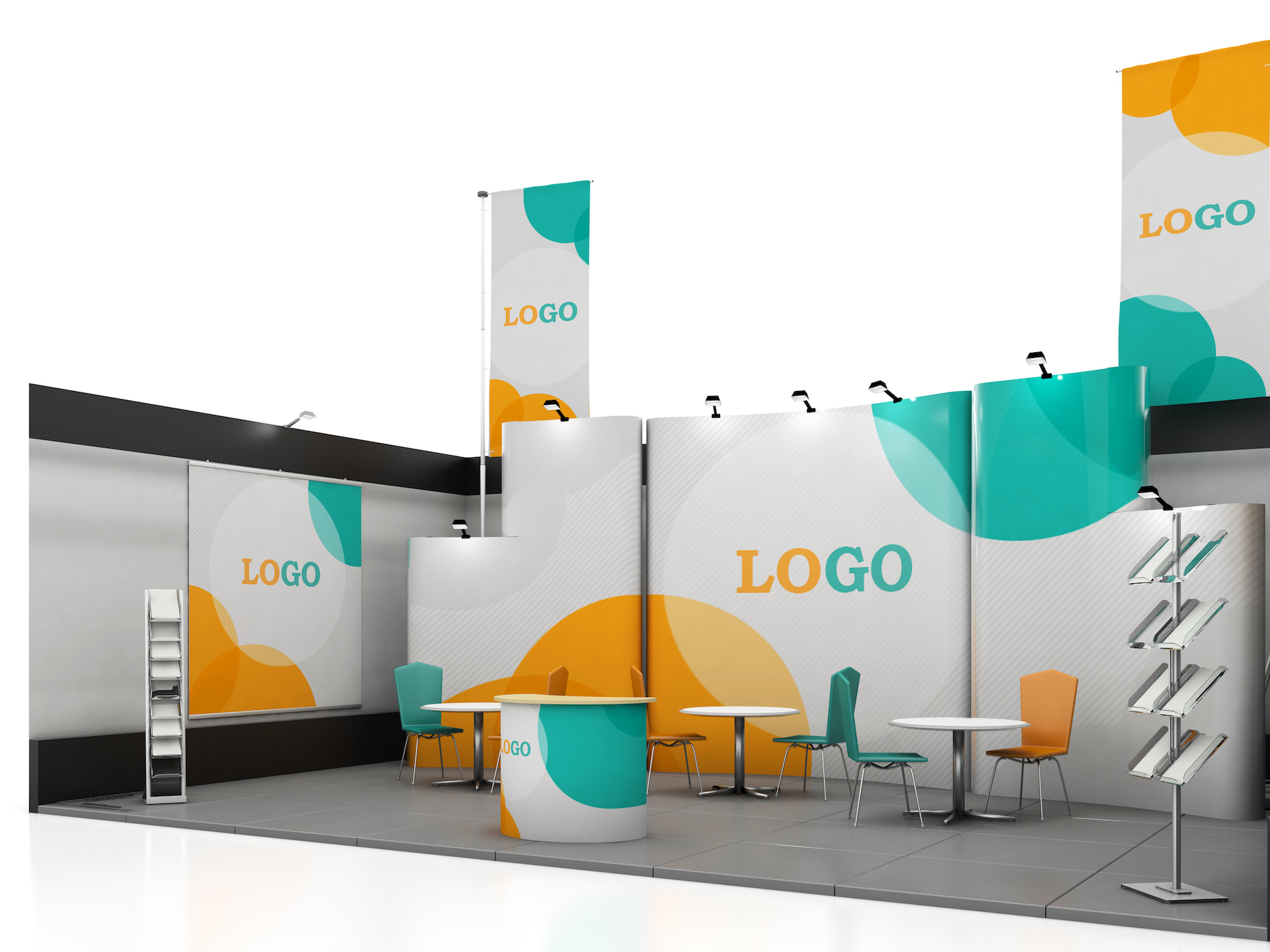 Blank creative exhibition stand design with color shapes. Booth template. Corporate marks and corporate identity. 3d render