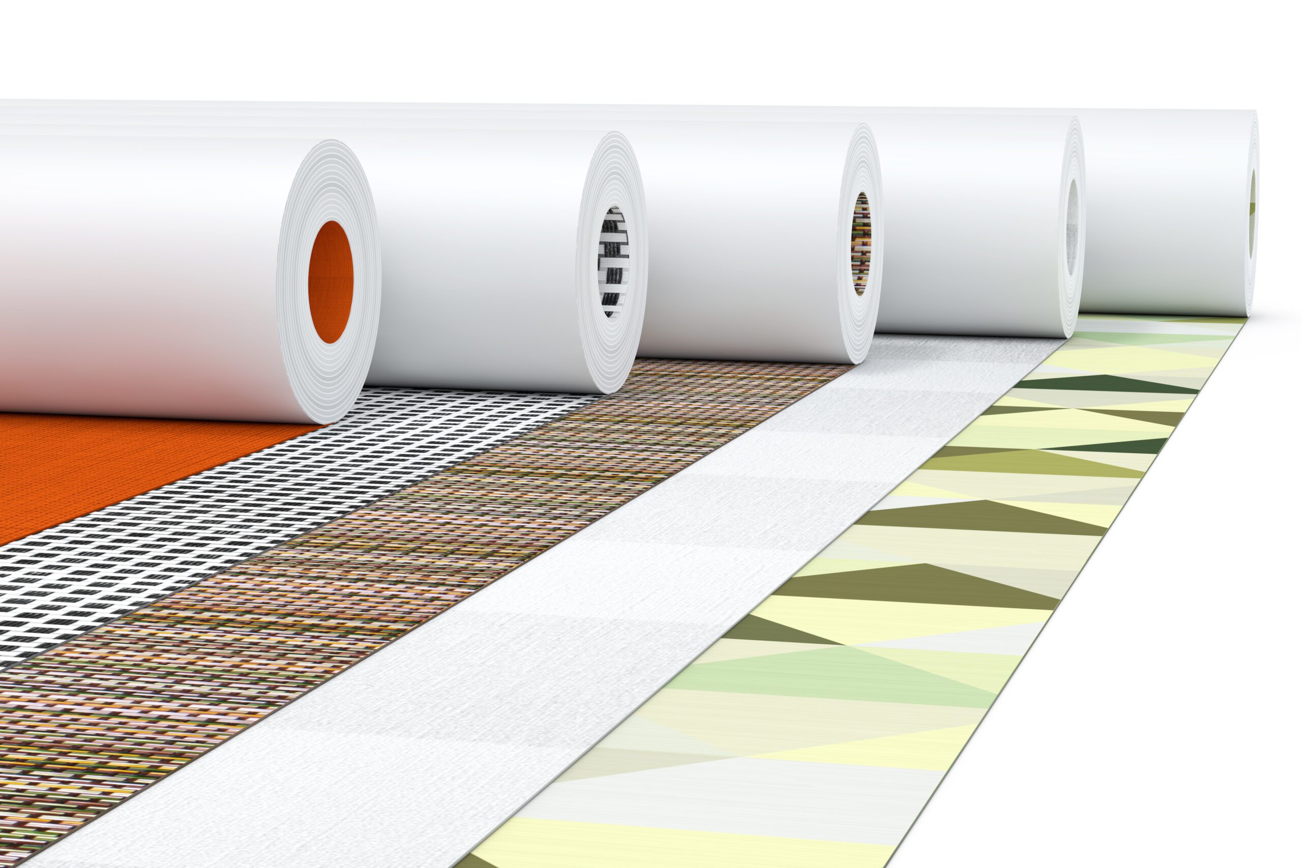 Row of Paperhanging Wallpaper Paper Rolls with Abstract Print on a white background. 3d Rendering